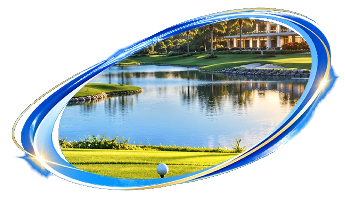 Sân golf xanh bên hồ nước